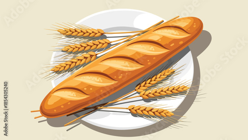 French baguette bread flat illustration with wheat elements, classic bakery food isolated on clean background, ideal for bakery signage, menus, and food branding