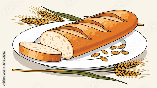 French baguette bread flat illustration with wheat elements, classic bakery food isolated on clean background, ideal for bakery signage, menus, and food branding