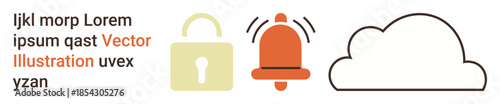 Cybersecurity, data protection, cloud computing, alert systems, online safety, information security. A lock, alert bell and cloud icon are . Cybersecurity and data protection concepts