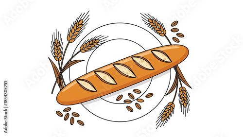 French baguette bread flat illustration with wheat elements, classic bakery food isolated on clean background, ideal for bakery signage, menus, and food branding