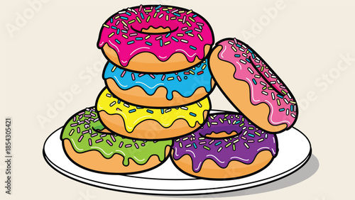 Colorful donut variety flat illustration with glaze and sprinkles, sweet snack concept isolated on clean background, ideal for dessert menus, cafés, and food promotions