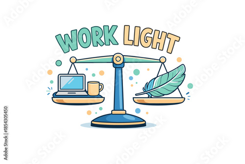 Cartoon of work-life balance with laptop and feather on a scale