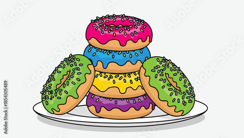 Colorful donut variety flat illustration with glaze and sprinkles, sweet snack concept isolated on clean background, ideal for dessert menus, cafés, and food promotions