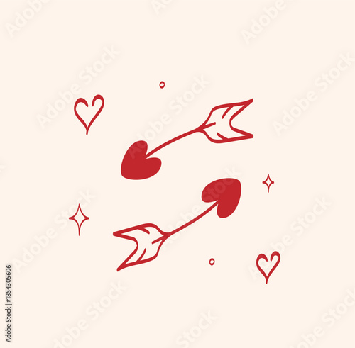 Minimal red illustration of a pair arrows with hearts and elegant lines and sparkles in vintage style. Element is perfect for greeting card, invitation, print, wedding, tattoo, packaging, advertising