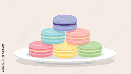 Pastel macaron dessert flat illustration stacked neatly, elegant bakery concept isolated on clean background, ideal for luxury dessert branding and café menus