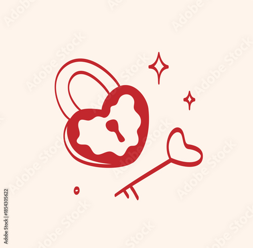 Minimal red lineart illustration of a lock and key with elegant lines and sparkles in vintage style. Element is perfect for greeting cards, invitations, print, wedding, tattoo, packaging, advertising