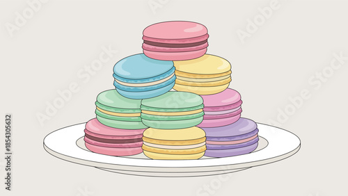 Pastel macaron dessert flat illustration stacked neatly, elegant bakery concept isolated on clean background, ideal for luxury dessert branding and café menus
