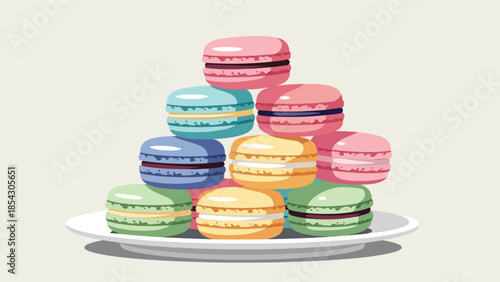 Pastel macaron dessert flat illustration stacked neatly, elegant bakery concept isolated on clean background, ideal for luxury dessert branding and café menus