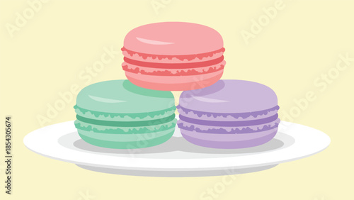 Pastel macaron dessert flat illustration stacked neatly, elegant bakery concept isolated on clean background, ideal for luxury dessert branding and café menus