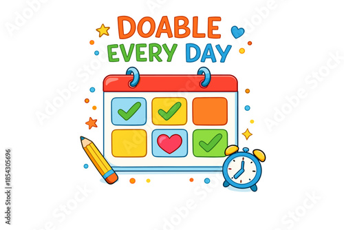 Colorful daily planner with checkmarks and alarm clock for task management