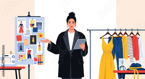 Fashion designer presents her collection and mood board with sketches and fabric swatches