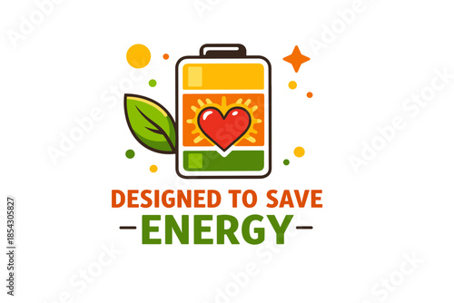 Eco-friendly battery with heart symbol and leaf design for energy conservation