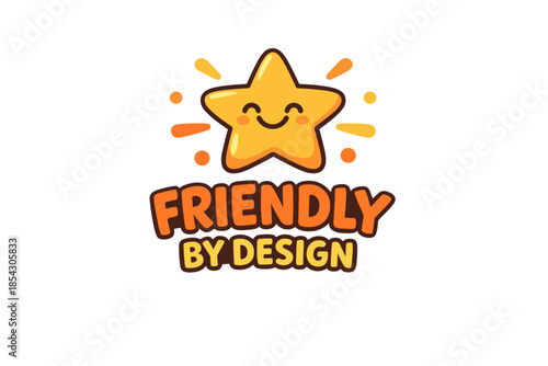 Happy star mascot with 'friendly by design' text in playful cartoon style