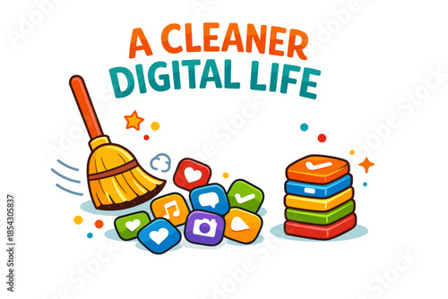 Broom sweeping colorful app icons for a cleaner digital life organization