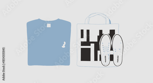 Flat lay of a blue t-shirt and a tote bag with white sneakers