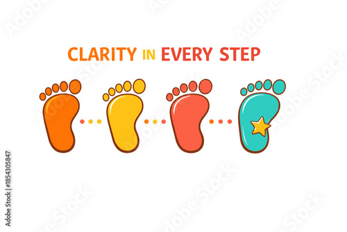 Four colorful footprints with motivational quote about clarity and progress