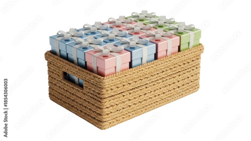 Obraz premium Pastel gift boxes with silver ribbons in woven basket isolated PNG, presents for birthdays and special occasions on transparent background