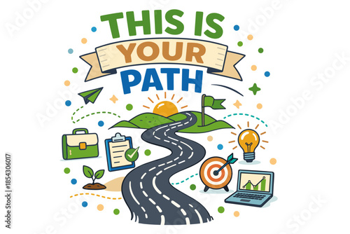 Inspirational career journey concept with road, sun, and growth symbols