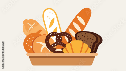 Bread basket flat illustration with assorted rolls and slices, bakery assortment concept isolated on clean background, ideal for restaurant menus, bakery branding, and food graphics
