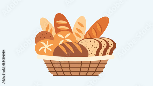 Bread basket flat illustration with assorted rolls and slices, bakery assortment concept isolated on clean background, ideal for restaurant menus, bakery branding, and food graphics