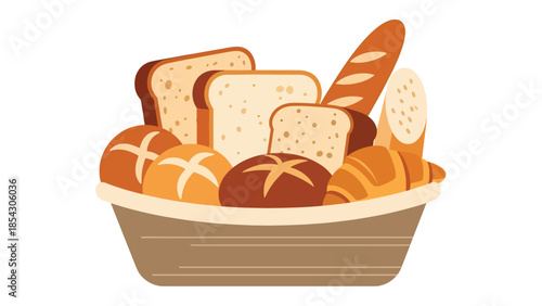 Bread basket flat illustration with assorted rolls and slices, bakery assortment concept isolated on clean background, ideal for restaurant menus, bakery branding, and food graphics