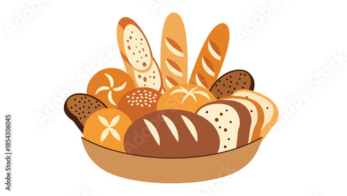 Bread basket flat illustration with assorted rolls and slices, bakery assortment concept isolated on clean background, ideal for restaurant menus, bakery branding, and food graphics