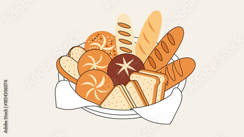 Bread basket flat illustration with assorted rolls and slices, bakery assortment concept isolated on clean background, ideal for restaurant menus, bakery branding, and food graphics