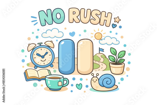 No rush cartoon design with alarm clock, coffee, snail, and plant