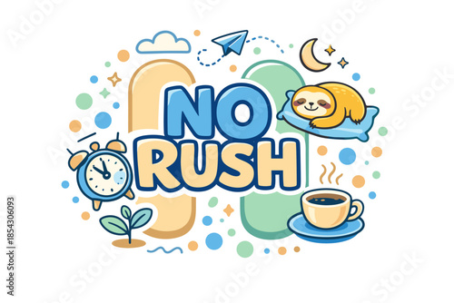 No rush: relaxed sloth with alarm clock and coffee for calm vibes