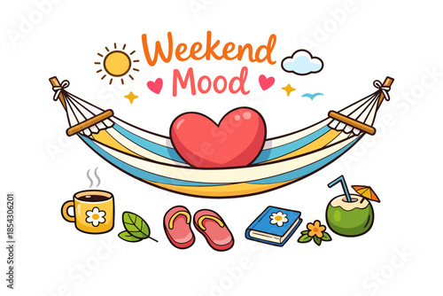 Weekend mood: relaxing hammock with heart, coffee, and flip-flops