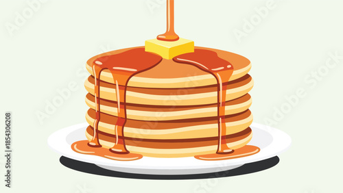 Pancake stack flat illustration with syrup and butter, breakfast dessert concept isolated on clean background, ideal for breakfast menus, cafés, and food promotions