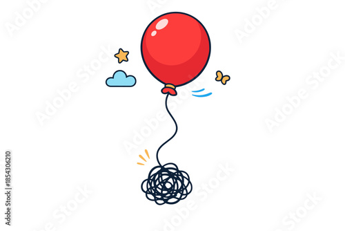 Red balloon floating above cloud and star with tangled string
