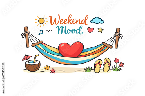 Colorful weekend mood with heart in hammock surrounded by relaxing beach elements