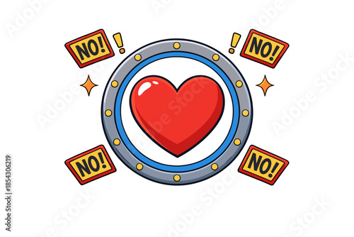 Heart surrounded by no signs inside a circular frame with exclamation marks