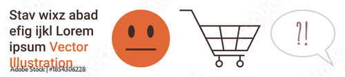 Consumer behavior, e-commerce, emotional response, marketing, communication, online shopping. Neutral face, shopping cart and speech bubble with symbols. Consumer behavior and e-commerce concept