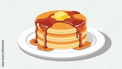 Pancake stack flat illustration with syrup and butter, breakfast dessert concept isolated on clean background, ideal for breakfast menus, cafés, and food promotions