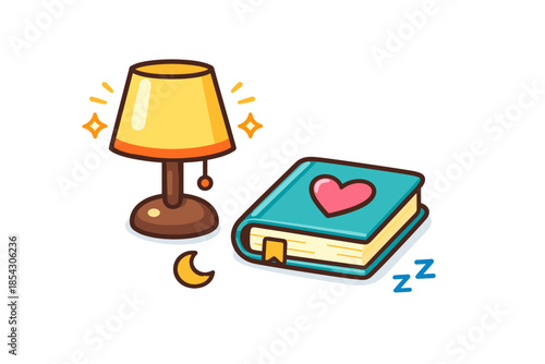 Cartoon bedside lamp and book with heart on cover