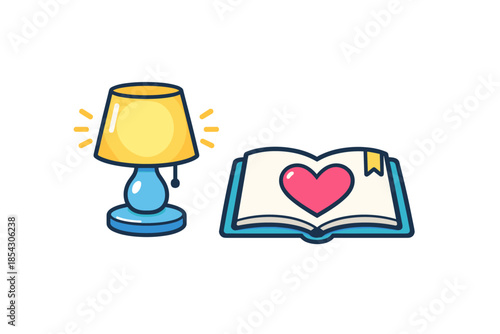 Cartoon lamp and open book with heart icon on a white background