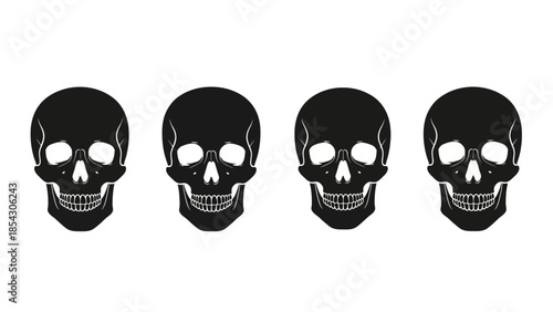 Four Black Skull Silhouettes Facing Forward on White Background