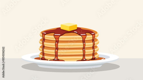 Pancake stack flat illustration with syrup and butter, breakfast dessert concept isolated on clean background, ideal for breakfast menus, cafés, and food promotions