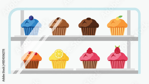 Muffin bakery display flat illustration with neatly arranged muffins, casual dessert concept isolated on clean background, ideal for bakery showcases and menu design