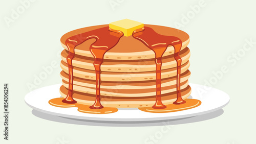 Pancake stack flat illustration with syrup and butter, breakfast dessert concept isolated on clean background, ideal for breakfast menus, cafés, and food promotions