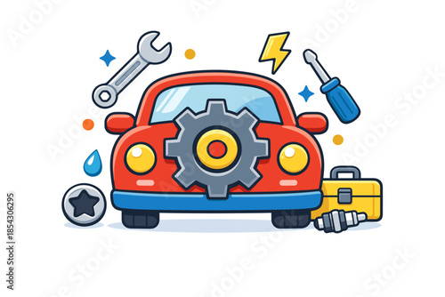Colorful cartoon car repair tools and maintenance equipment