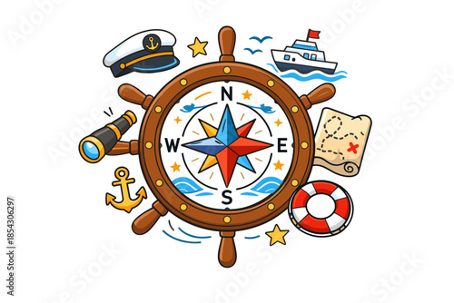 Nautical adventure compass with ship wheel, map, anchor, telescope, and boat
