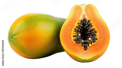 Ripe papaya fruit PNG isolated, one whole and one half with seeds, tropical fruit for healthy eating and exotic cuisine
