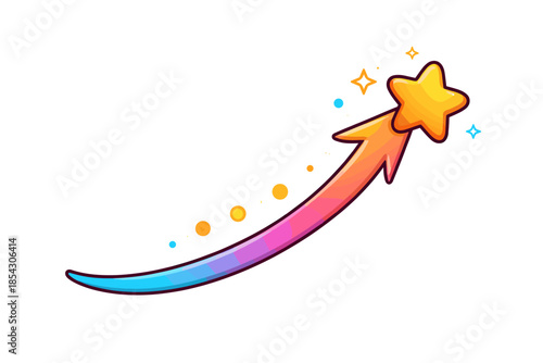 Colorful shooting star with gradient trail and sparkles on white background