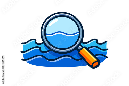 Cartoon magnifying glass zooming on blue waves with orange handle
