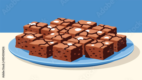 Chocolate brownies flat illustration cut into squares, homemade dessert concept isolated on clean background, ideal for dessert menus, food blogs, and bakery promotions