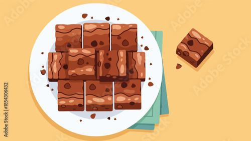Chocolate brownies flat illustration cut into squares, homemade dessert concept isolated on clean background, ideal for dessert menus, food blogs, and bakery promotions