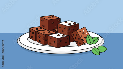 Chocolate brownies flat illustration cut into squares, homemade dessert concept isolated on clean background, ideal for dessert menus, food blogs, and bakery promotions